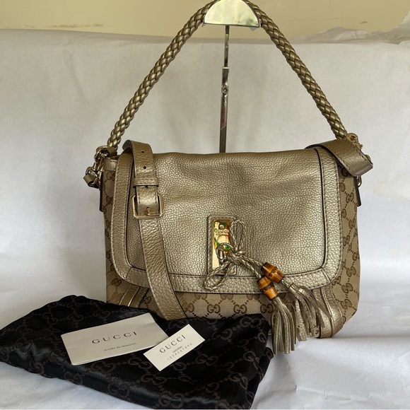 Gucci Bella Flap 2-Way Satchel GG Canvas Gold Leather - Picture 6 of 16